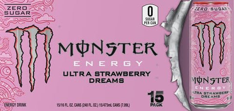 Monster Energy Ultra Strawberry Dreams, Sugar Free Energy Drink, 16 Ounce | Pack of 15