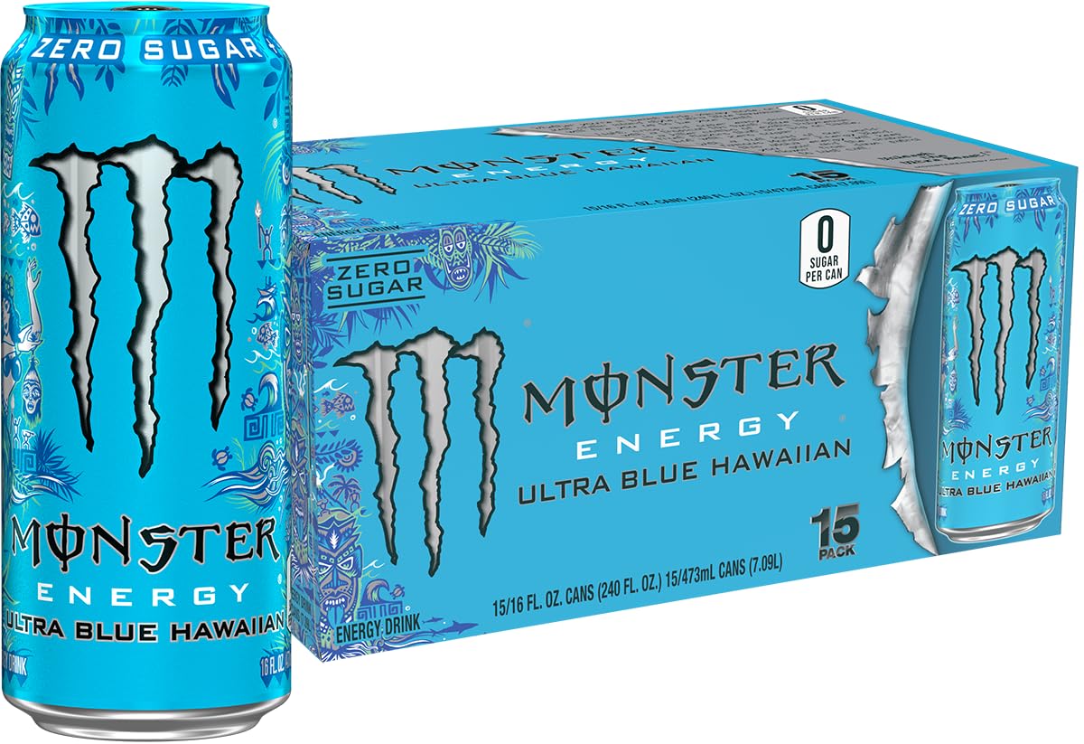 Monster Energy Ultra Blue Hawaiian, Sugar Free Energy Drink, 16 Ounce | Pack of 15