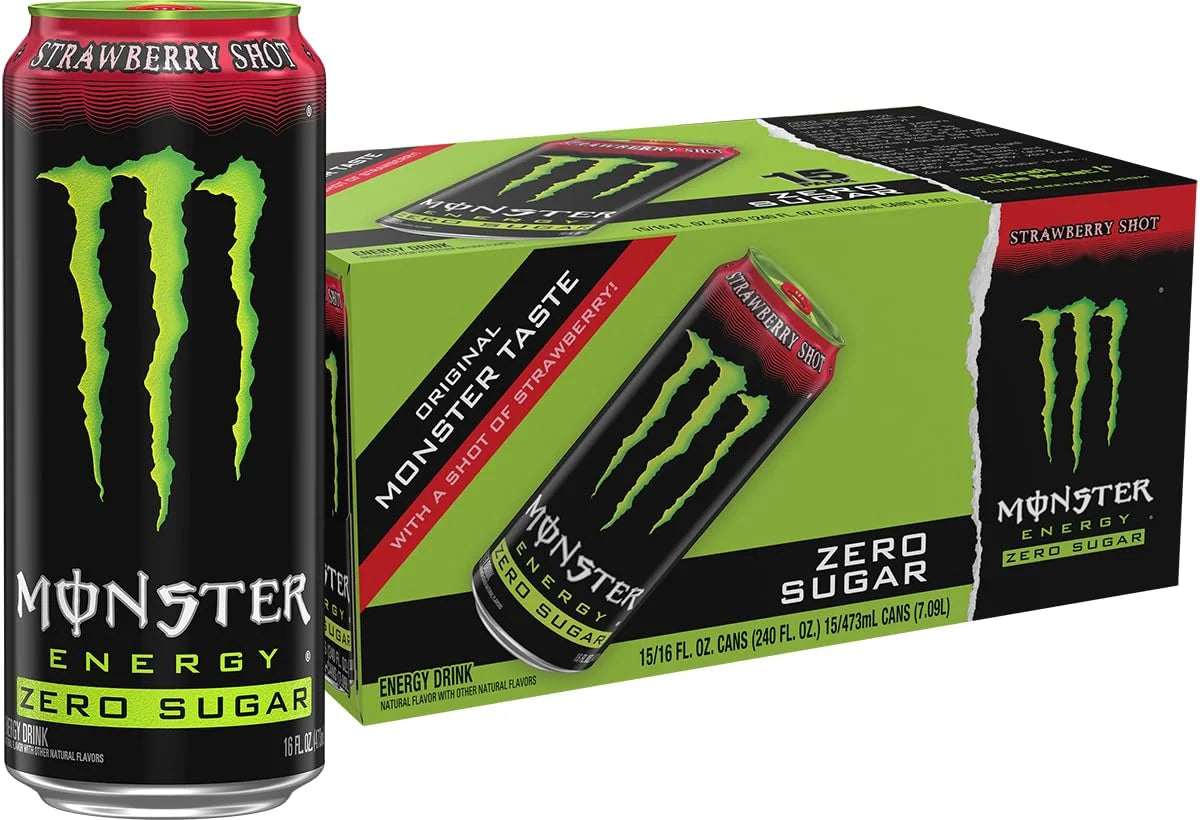 Monster Energy Zero Sugar Strawberry Shot, Green, Original, Sugar Free Energy Drink, 16 Ounce (Pack of 15)