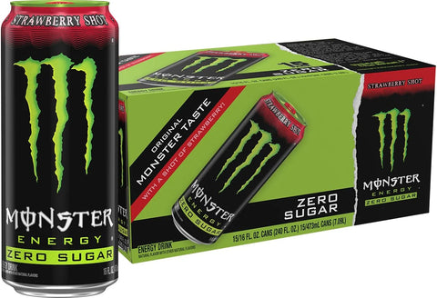 Monster Energy Zero Sugar Strawberry Shot, Green, Original, Sugar Free Energy Drink, 16 Ounce (Pack of 15)