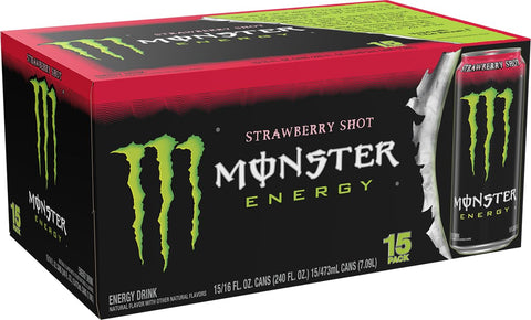 Monster Energy Strawberry Shot, Green, Original, Energy Drink, 16 Ounce (Pack of 15)