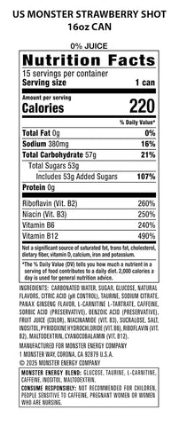 Monster Energy Strawberry Shot, Green, Original, Energy Drink, 16 Ounce (Pack of 15)