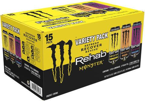 Monster Energy Rehab LPWBT, Variety Pack, Energy Iced Tea, 15.5 Ounce | Pack of 15
