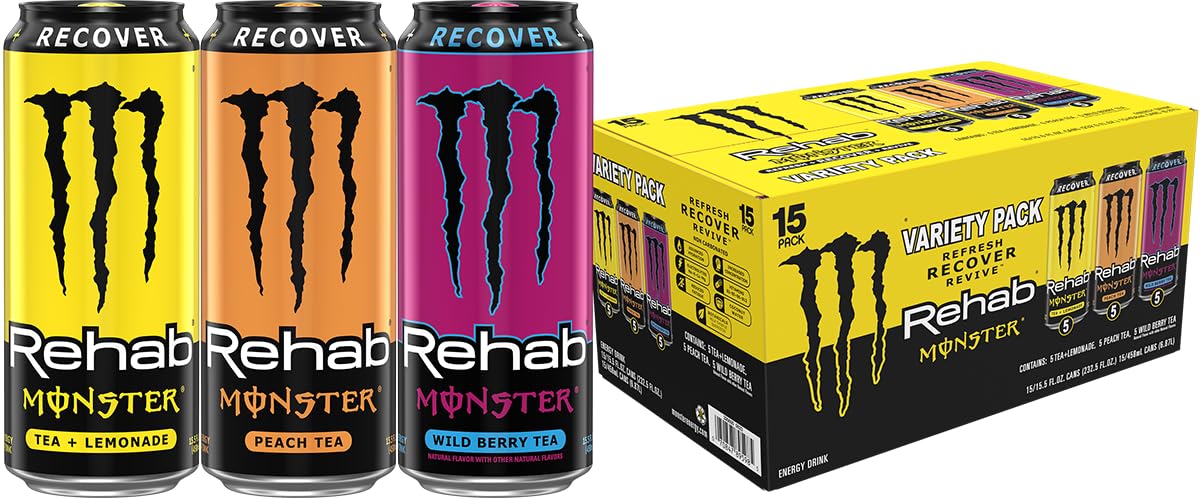 Monster Energy Rehab LPWBT, Variety Pack, Energy Iced Tea, 15.5 Ounce | Pack of 15