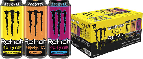 Monster Energy Rehab LPWBT, Variety Pack, Energy Iced Tea, 15.5 Ounce | Pack of 15