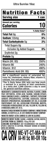 Monster Energy Ultra Sunrise, Sugar Free Energy Drink, 16 Fl Oz (Pack of 24)