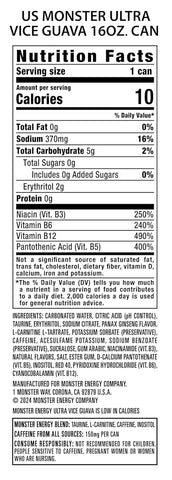 Monster Energy Ultra Vice Guava, Sugar Free Energy Drink, 16 Ounce (Pack of 15) | Pack of 15