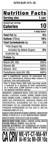 Monster Energy Ultra Blue, Sugar Free Energy Drink, 16 Ounce | Pack of 15