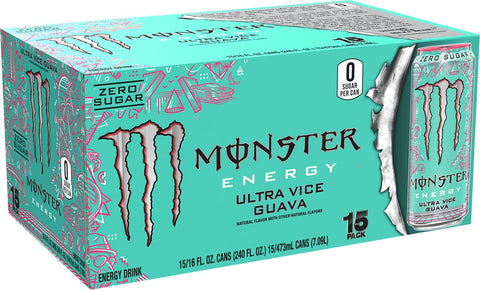 Monster Energy Ultra Vice Guava, Sugar Free Energy Drink, 16 Ounce (Pack of 15) | Pack of 15