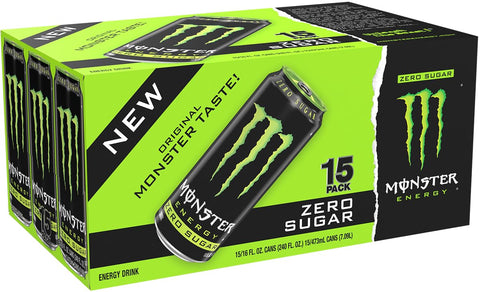 Monster Energy Zero Sugar, Green, Original, Low Calorie Energy Drink, 16 Ounce (Pack of 15), Can