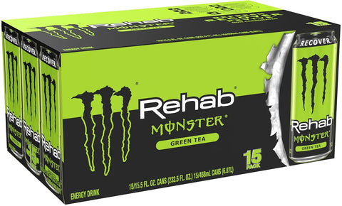 Monster Energy Rehab Green Tea + Energy, Energy Drink 15.5 Ounce | Energy Iced Tea, Pack of 15
