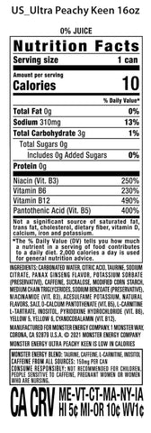 Monster Energy Ultra Peachy Keen, Sugar Free Energy Drink, 16 oz | Pack of 15