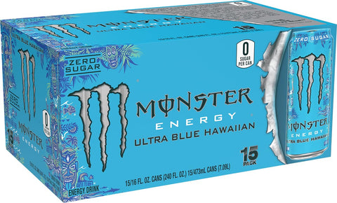 Monster Energy Ultra Blue Hawaiian, Sugar Free Energy Drink, 16 Ounce | Pack of 15