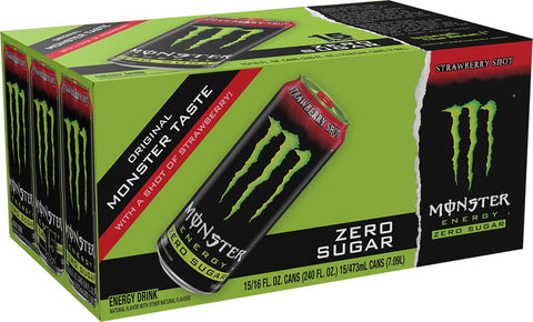 Monster Energy Zero Sugar Strawberry Shot, Green, Original, Sugar Free Energy Drink, 16 Ounce (Pack of 15)