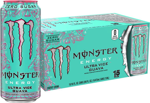 Monster Energy Ultra Vice Guava, Sugar Free Energy Drink, 16 Ounce (Pack of 15) | Pack of 15