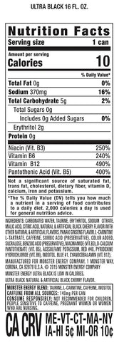 Monster Energy Ultra Black, Sugar Free Energy Drink, 16 Ounce | Pack of 15