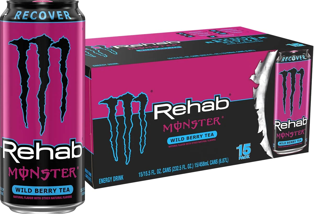 Monster Rehab Wild Berry Tea + Energy, Energy Drink, 15.5 Ounce | Energy Iced Tea, Pack of 15